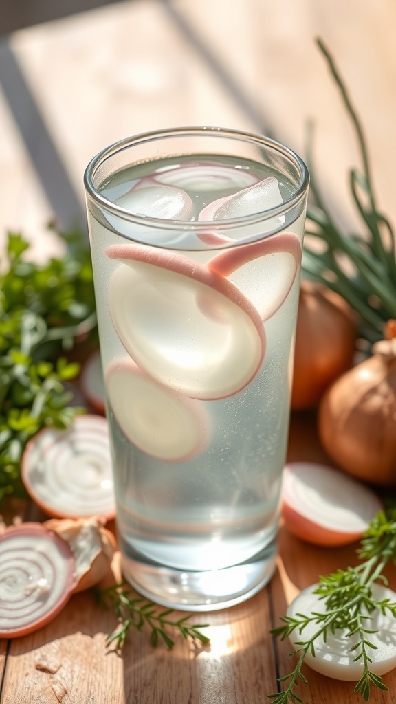 A glass of onion water with onion slices, surrounded by fresh onions on a wooden table.